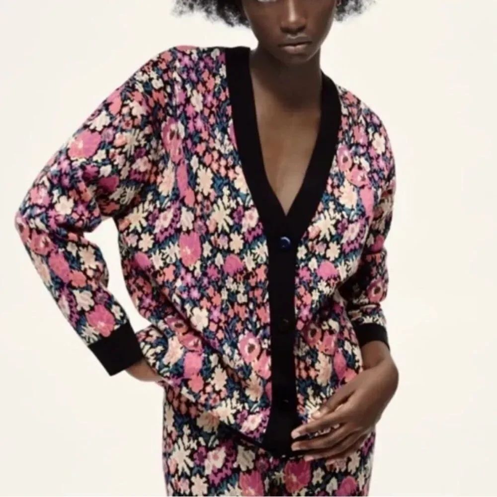 Zara Pink and Black Knit Cardigan